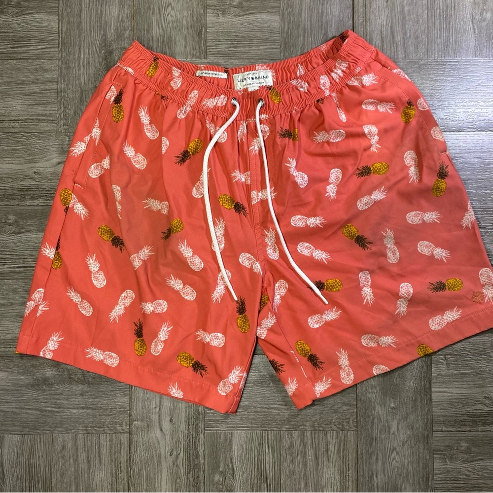 Lucky Brand Swim Trunks Saturday Stretch Men's Large L x 7" Orange w/ Pineapple